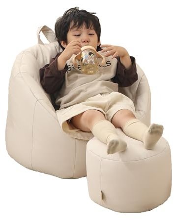 hoopyosms Sitzsack für Kinder mit Hocker, ergonomischer Sitzsack aus Leder, robust und leicht zu reinigen, Kindersofa für Schlafzimmer oder Spielzimmer, Weiß