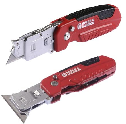 Spear & Jackson SJ1790 2-in-1 Trimming Knife and Scraper - Multi-Functional Utility Knife & Scraping Tool, Folding Cutting Blade Stores in Handle, Rotating Blade for Scraping + 10 Spare Blades