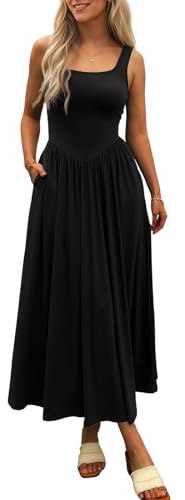 Mieazom Robe longue d'été 2026, sans manches, col carré, robe décontractée de plage avec poches, coupe fluide en maille à effet patchwork