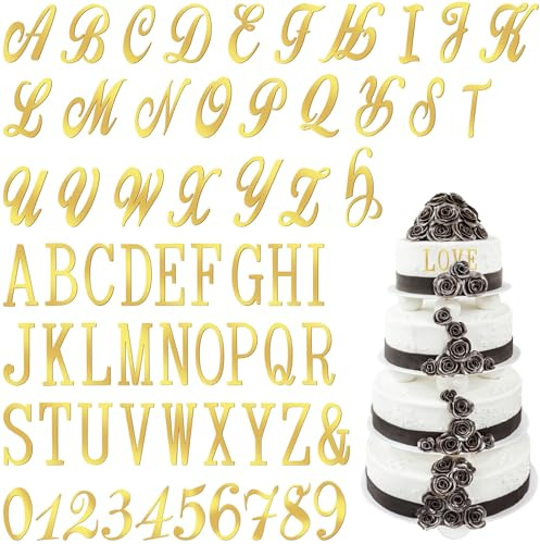 NISENTIA Lot de 63 lettres de décoration de gâteau en acrylique doré - Chiffres de 0 à 9 et lettres de A à Z dorées pour anniversaire, mariage, anniversaire de mariage