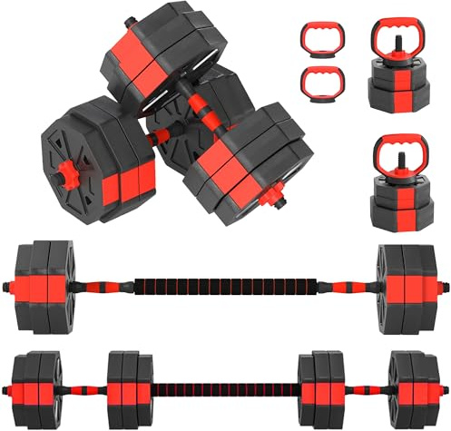 SPORTNOW 4-in-1 Gym Hantelset 30kg Total Kunststoff und Sand, Verstellbares Hantelset Verwendbar als Kettlebell, Kurzhantel, Langhantel und Liegestütz, Rot