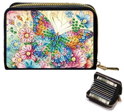 JICFDAO 5D Diamond Painting dragspel kortfodral 8 x 11 cm diamant målning kreditkortsfodral kreditkortshållare myntbörs plånbok för kreditkort ID-kort mynt fjäril blommor