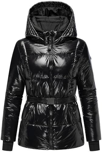 Navahoo Damen Winterjacke glänzende warme Steppjacke mit Taillengürtel Eisglanz 14 Black Gr. M