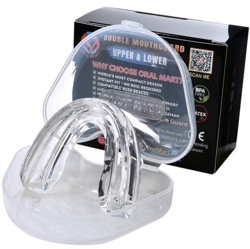 Oral Mart Youth Braces Mouth Guard for Sports (Pure Clear) for Kids - Instant Fit (No Boil) Double (Upper & Lower) Mouthguard for Football, Hockey, Muay Thai, MMA, Rugby, Karate, Boxing (with Case)