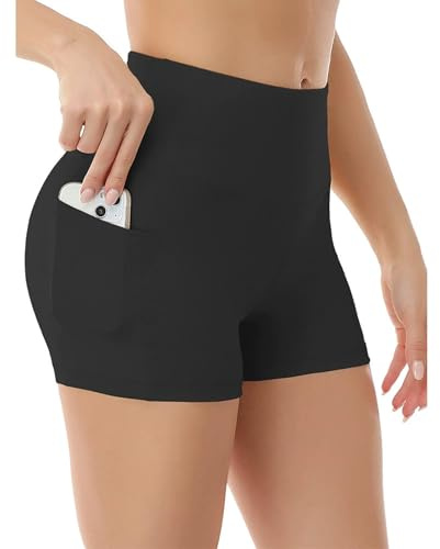 InfiniZer Women's High Waisted Hot Pants with Pockets, Stretchy Mini Shorts for Yoga Gym Cycling Sports Running Workout (UK, Alpha, M, Regular, Regular, Black)