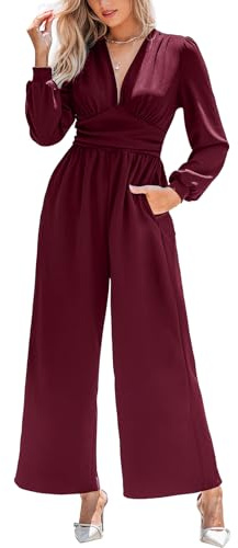 CUPSHE Mono de una pieza para mujer, con escote profundo en V, mangas largas y holgadas, elegante y casual, para la oficina, granate, L