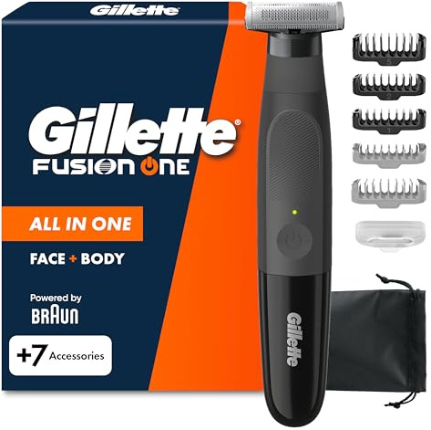 Gillette Fusion One Recortadora de Barba Y Afeitadora Corporal, Barbero Todo en Uno para Cara Y Cuerpo, Cabezal Pivotante, 4 Peines, Funda, Resistente al Agua, Inalámbrica, 45 Min de Uso, Negro