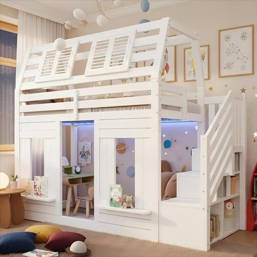 KecDuey Litera de 90 x 200 cm, cama alta para niños, cama de madera, cama de casa de 90 x 200 cm, con LED, protección anticaída y escalera de almacenamiento, forma de ventana