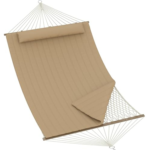RBFGYIOP Amaca Matrimoniale da Esterno per 2 Persone - Barra in Legno - Cuscino Removibile - Cotone e Poliestere Imbottito - Catene - Tasca Portaoggetti - Portata 204kg - Marrone-Giallo - 350cm