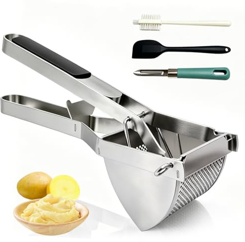Behiruch Schiacciapatate, Schiacciapatate Acciaio Inox con Spatola in silicone, spazzola per la pulizia e pelapatate, per Purè di Patate, Frutta, Verdure, Bébé, Limone