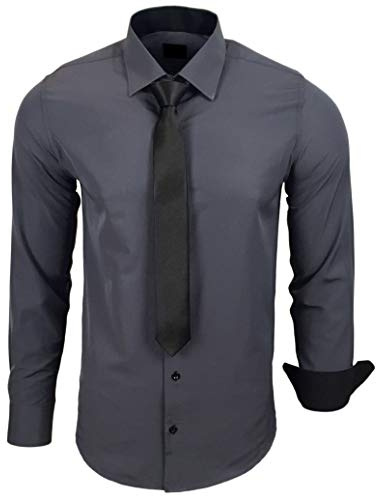 Baxboy 444-BK Herren Kontrast Hemd Business Hemden mit Krawatte Hochzeit Freizeit Fit, Farbe:Anthrazit, Größe:2XL
