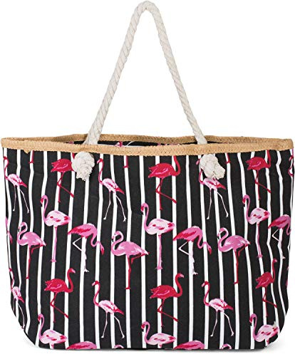 styleBREAKER Große Strandtasche mit Flamingo Print und Streifen Design | Damen Shopper mit Kordelhenkel und Reißverschluss | Badetasche mit Bast-Detail | 58 x 37 x 13 cm, Farbe:Schwarz-Weiß