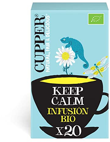 Cupper - 20 Bolsitas de Infusiones Ecológicas Keep Calm - Sin Azúcar Añadido - Apto para Veganos - Propiedades Refrescantes y Digestivas - Contiene Manzanilla y Melisa