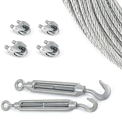 DQ-PP stållina SET | 3 mm 6 x 7 medium mjuk | Förzinkad av stål | Byte 3 mm | Spänningslås kroköglor M5 | linsklämma bygel 3 mm | ledtråd för rankhjälp rep stål tråd skogsrep vindrep spännlina 20m Set 9