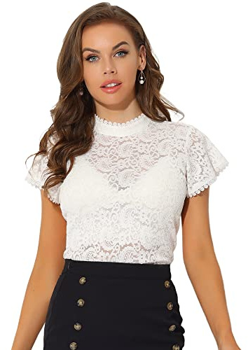 Allegra K Blusa Semitransparente con Cuello Alto Manga Corta Y Abertura En La Encaje para Mujer Espalda