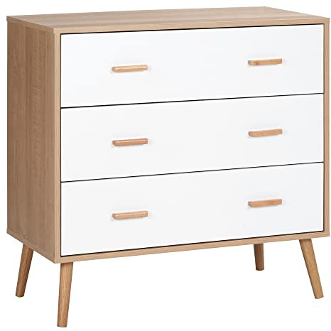 HOMCOM Commode Scandinave sur Pieds 3 Tiroirs Blanc Aspect Bois Clair | Pieds Effilés Inclinés, Panneaux Particules