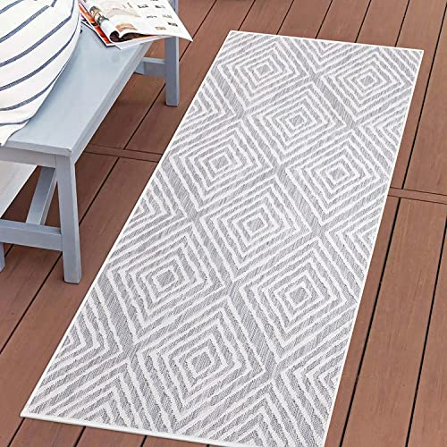 Teppich Outdoor Wetterfest - Grau - 80x150 cm - Geometrisch - Balkon Teppich Wasserabweisend - In-& Outdoor Teppiche für Terrasse, Garten, Küche, Bad oder Wohnzimmer