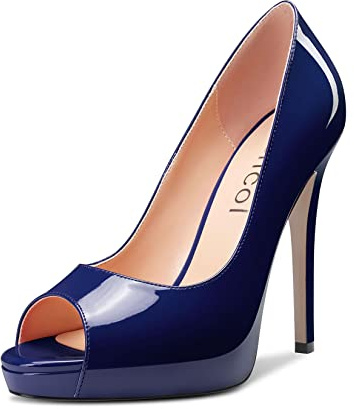 Aachcol Mujer Plataforma Aguja Alto High Heel Pumps Slip-on Abierta Punta Dress Zapatos Oficina Fiesta de Boda Charol Azul Marino 13 CM 40 EU