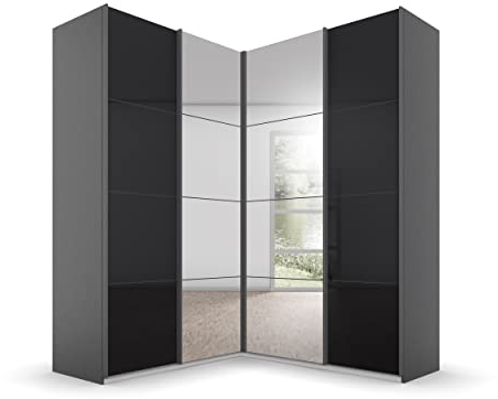 Rauch Möbel Quadra Schrank Eckschrank Schwebetürenschrank, Grau metallic-Glas Basalt, Schwarz, 4-TRG. mit Spiegel, inkl. 2 Kleiderstangen, 12 Einlegeböden, 3 Schubladen, BxHxT 181x229x187 cm