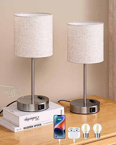 EDISHINE Lámpara de Noche LED Regulable Táctil 2 Lámparas de Mesa Lámpara Moderna 2 USB de Carga para Dormitorio Decorativo Salón Alféizar de Ventana Lino de Regalo, Plástico Blanco