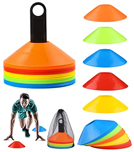 Birshe 50 Pcs Plots Entrainement, Plots De Marquage pour Football Cône, Cônes à Disque avec Support de Rangement, Poche Filet, Plots Sport pour Délimitation Entraînement Football (5 Couleurs)