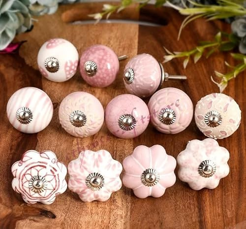 FURNISHFUL FINESSE Boutons de meuble en céramique pour meubles, tiroirs, commodes, décoration, armoire, poignée de traction - Rose, Paquet de 12