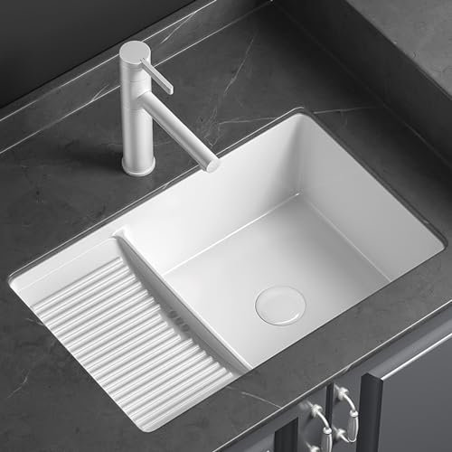 Lavabo rectangular de cerámica,Fregadero cerámico empotrado,tina de lavado con tabla para lavar,Con grifo, válvula de escuadra y desagüe, apto para baño, lavadero, balcón y patio. ( Size : 53.5*36 )