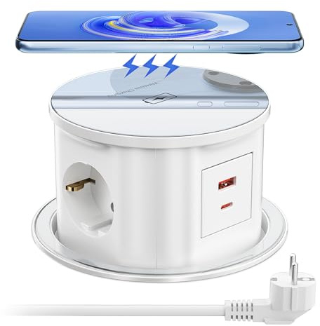 Inbyggt USB-C-arbetsplan PD20W, utdragbar eluttag med trådlös laddare för kök, kontor, 2 m kabel, vit