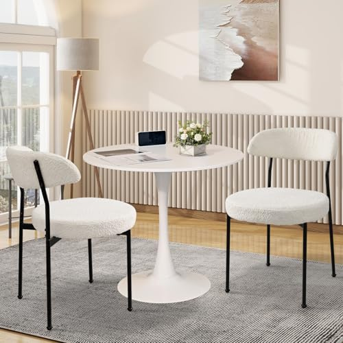 SoarTalent 3-Pieces 31.5 Round Dining Table Set for 2, White Dining Table & Boucle Upholstered Dining Chairs Set of 2 for Kitchen Dining Room Apartment Small Space(White-Black Leg Chair)