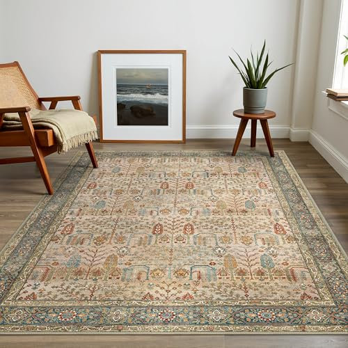 GENIMO Teppich Schlafzimmer Maschinen waschbarer Teppich Wohnzimmer, Vintage Boho Kurzflorteppich mit Rutschfester Rückseite, Rot, 120X170CM