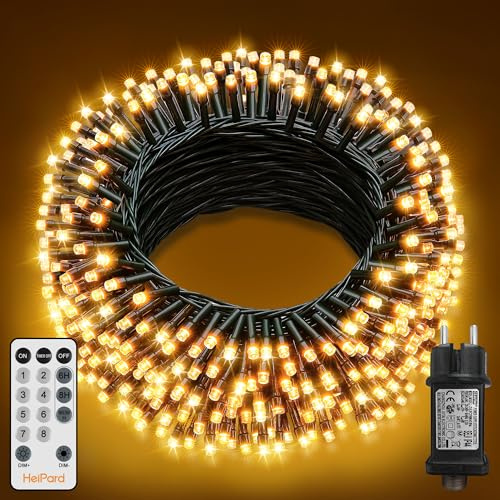 HeiPard Luci Albero di Natale, 20M 200 LED Luci Natalizie da Esterno ed Interno con 8 Modalità, Funzione Memoria, Telecomando, Timer, Dimmerabile per Giardino, Balcone, Casa, Festa - Bianco caldo
