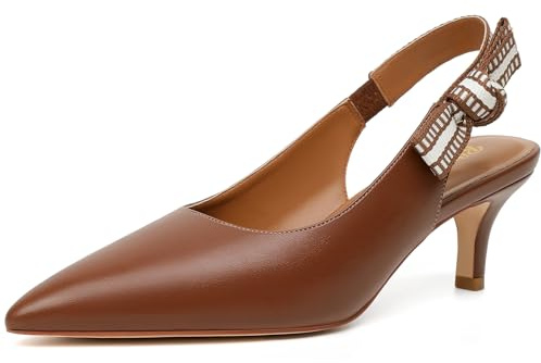 RIBONGZ Women Slingback Low Kitten Heel Shoes Closed Pointed Toe Dress Pumps Slip on Patent Leather Comfort Heels Braided Bowknot Work Wedding Shoes, Brown, 7 UK