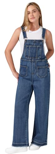 roswear Women’s Denim Overalls Loose Fit Stretchy Baggy Overall Bib Wide Leg Casual Jean Jumpsuits Washed Denim Blue Medium