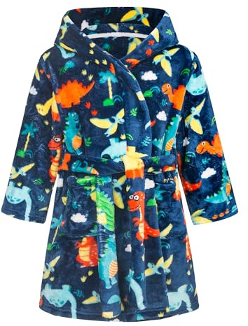 Baogaier Boys Dressing Gown Kids Bathrobe Hooded Soft Flannel Bath Robe with Hood Lightweight Pyjama with Pocket Blue Dinosaur Pattern Nightwear Sleepwear Unisex Age 2-3 years