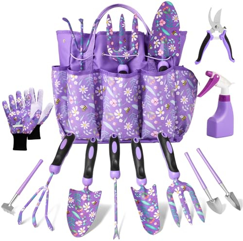 Leapio Gardening Gifts for Women, 12PCS Heavy Duty Garden Tools Set with Large Purple Garden Bag and Gloves Pruning Shears, Unique Birthday Easter Gardening Gifts for Mom Girlfriend Planting Lovers