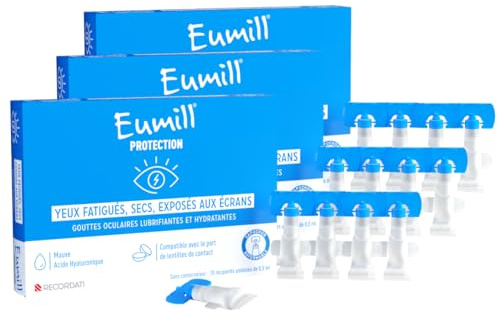 EUMILL | Protection | Gouttes oculaires lubrifiantes & hydratantes | Yeux fatigués, secs & exposés aux écrans | Sans conservateur | Compatibles avec lentilles de contact | Lot de 3x 10 unidoses 0,5ml