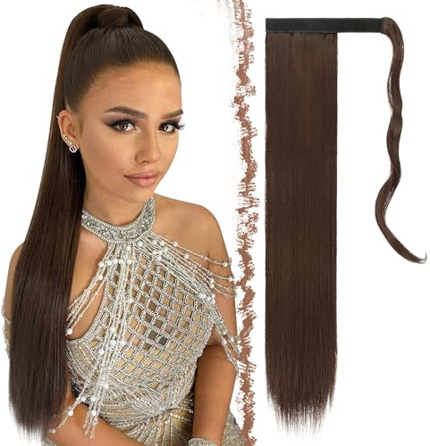 FESHFEN Posticci per capelli Extension Coda Di Cavallo Capelli Lunga Estensione Capelli Sintetici Coda Capelli Extensions per Donna 60cm, 125g Marrone medio