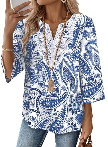 WIHOLL Ladies Tops Blouses for Women UK V Neck 3/4 Sleeve Lace Top Womens Summer Tops
