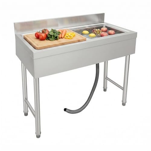 Lavello in acciaio inox con 1 vasca, autoportante, 100 x 50 x 80 cm, con beccuccio e tubo di scarico per interni ed esterni, cucina, bar, garage, lavanderia, senza rubinetto