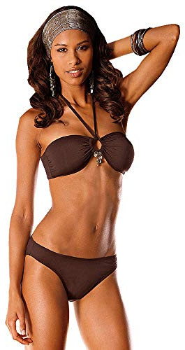 JETTE Damen Bandeau Neckholder Bikini Perlmutt Anhänger (Cup A/B) (Braun, 36)
