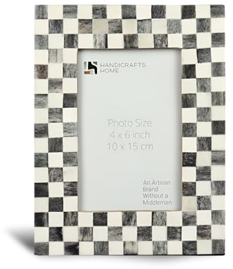 Handicrafts Home Vintage Picture Frame 4x6, Grey and White Checked Photo Frames, Bone Inlay Frame for Wall Decor, Desk Decor & Home Decor, Office Desk Decor, Dia De Los Muertos Frames.