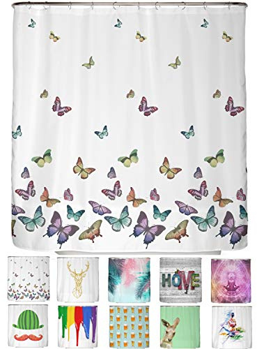 arteneur® - Schmetterlinge - Anti-Schimmel Duschvorhang 180x200 - Recycelt mit Öko-Tex Standard 100 - Beschwerter Saum, Blickdicht, Wasserdicht, Waschbar, 12 Ringe & E-Book mit Reinigungs-Tipps