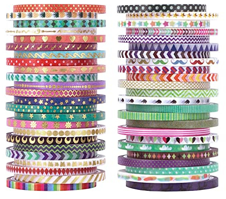 WT 48 Rolls Washi Tape Set, Foil Gold Skinny Decorative Washi Masking Tapes, 3 mm Wide DIY Masking Tape
