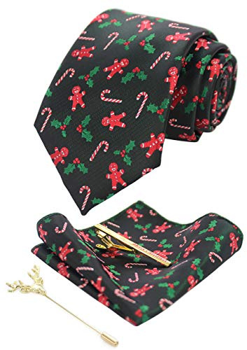 JEMYGINS Corbata de Navidad para Hombre con Diseño Woven y Pañuelo de Bolsillo - Set de Corbata para Fiestas Negro/Verde