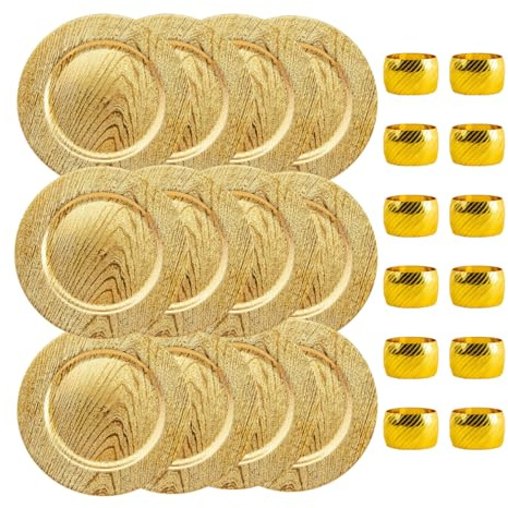 Home Collectives 13 Inch Round Elegant Serve ware Charger Plates with Matching Napkin Rings, Wedding, Dinner party, Event - Choose from our Variety of Styles and Quantities (12, Moslem Gold)