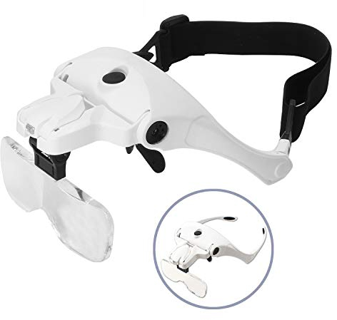 Head Mount Magnifier, Bysameyee Lighted Magnifying Headband Glass Loupe Visor with 2 LED Light for Close Work, Jewelry Work, Watch Repair, Arts & Crafts, Reading Aid (Rechargeable)