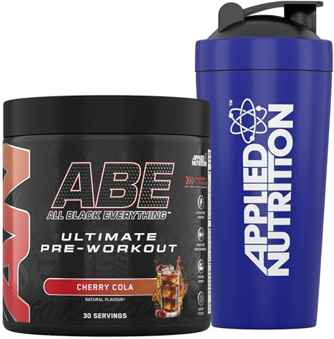 Applied Nutrition Bundle ABE Pre Workout 375g + 750ml Steel Protein Shaker | All Black Everything Pre Workout Powder, Energy & Physical Performance With Creatine, Beta Alanine (Cherry Cola)