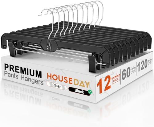 HOUSE DAY Black Pants Hangers with Clips 12 Pack, Plastic Skirt Hangers for Women, 14 Inch Clip Hanger for Pants, Skirts, Jeans, Shorts, Legging, with 360-degree Swivel Hook, 2 Adjustable Clips
