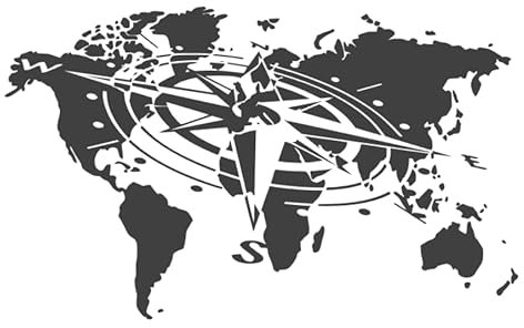 Adesivo bussola mappa del mondo con bussola rosa dei venti (321/1/6) (100 x 60 cm, nero opaco)