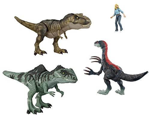 Jurassic World HJK02 -: Ein neues Zeitalter Episches Schlacht-Pack, 3 authentische Dinosaurierfiguren & 1 Menschenfigur, physischer und digitaler Spielspaß für Kinder ab 4 Jahren